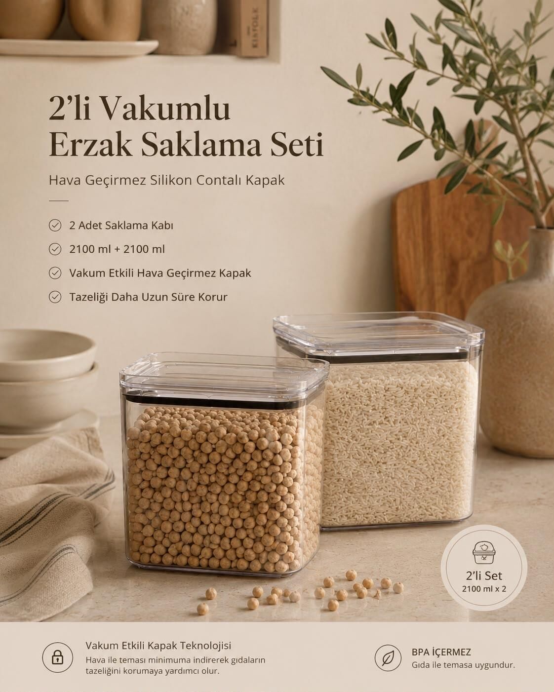 Okyanus Home Vakumlu Pratik Erzak Kavanozu Dikdörtgen 2'li Set