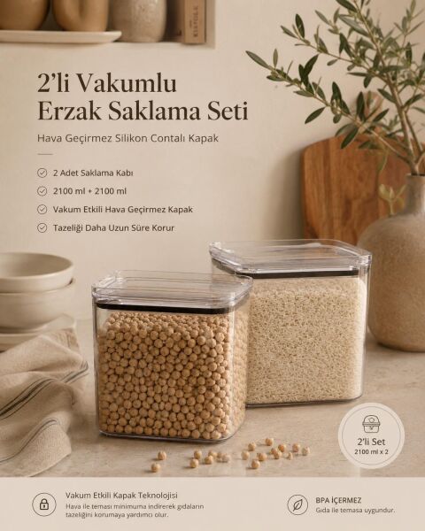 Okyanus Home Vakumlu Pratik Erzak Kavanozu Dikdörtgen 2'li Set
