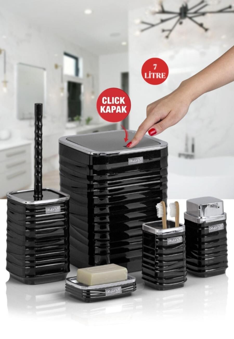 Okyanus Home Luna Siyah Kromlu Kare 5'li Banyo Seti