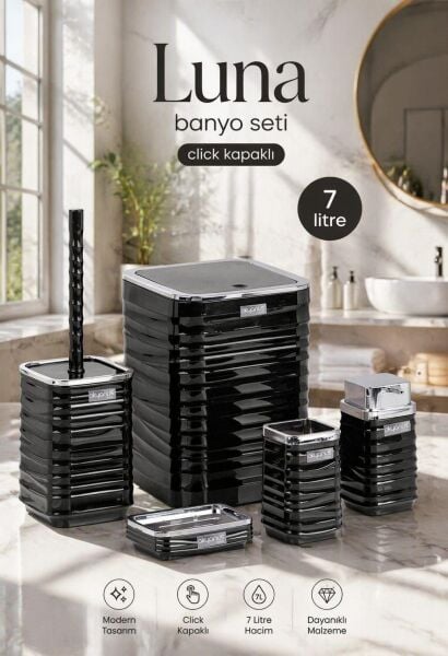 Okyanus Home Luna Siyah Kromlu Kare 5'li Banyo Seti